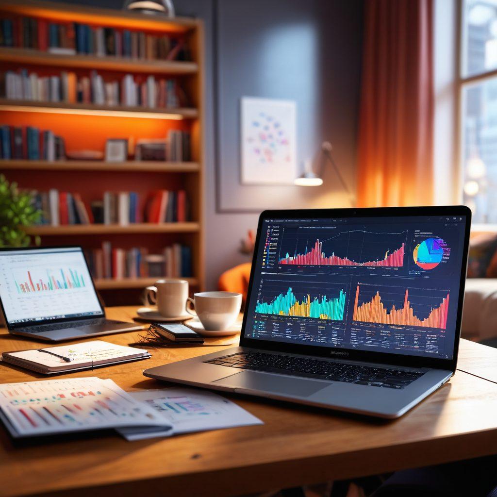 A captivating visualization of a person sitting at a laptop, surrounded by floating graphs, charts, and colorful statistics, symbolizing data analysis in blogging. The background should be filled with a library of books on statistical methods, softly illuminated by warm light. Include elements like a coffee mug and notes scattered around for a cozy, productive vibe. vibrant colors. 3D.