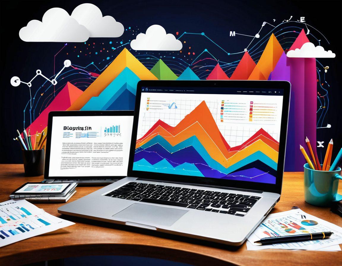 An abstract representation of a digital landscape filled with colorful graphs and charts symbolizing data trends. A pathway winds through billowing clouds of data visualizations leading towards a bright horizon, representing the journey of blogging. In the foreground, a stylish laptop rests on a modern desk with notes scattered around, inviting the viewer to explore. The overall tone is vibrant and dynamic, capturing the essence of engaging and informative blogging. digital art. vibrant colors. high contrast.