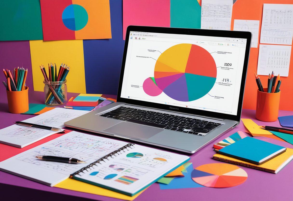 An artistic representation of various statistical tools such as graphs, pie charts, and equations, blending seamlessly into a creative workspace filled with colorful content creation elements like a laptop, notepads, and pens. The background features faint digital patterns symbolizing data analysis. Envelop the scene with vibrant colors that evoke inspiration and innovation. painting. vibrant colors. modern style.